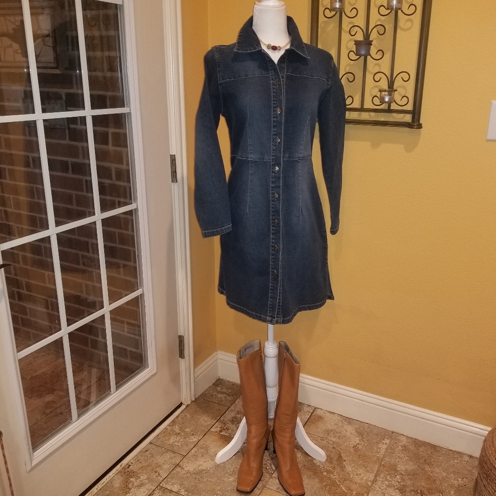 Dark Blue Denim Button-Front Shirt Dress